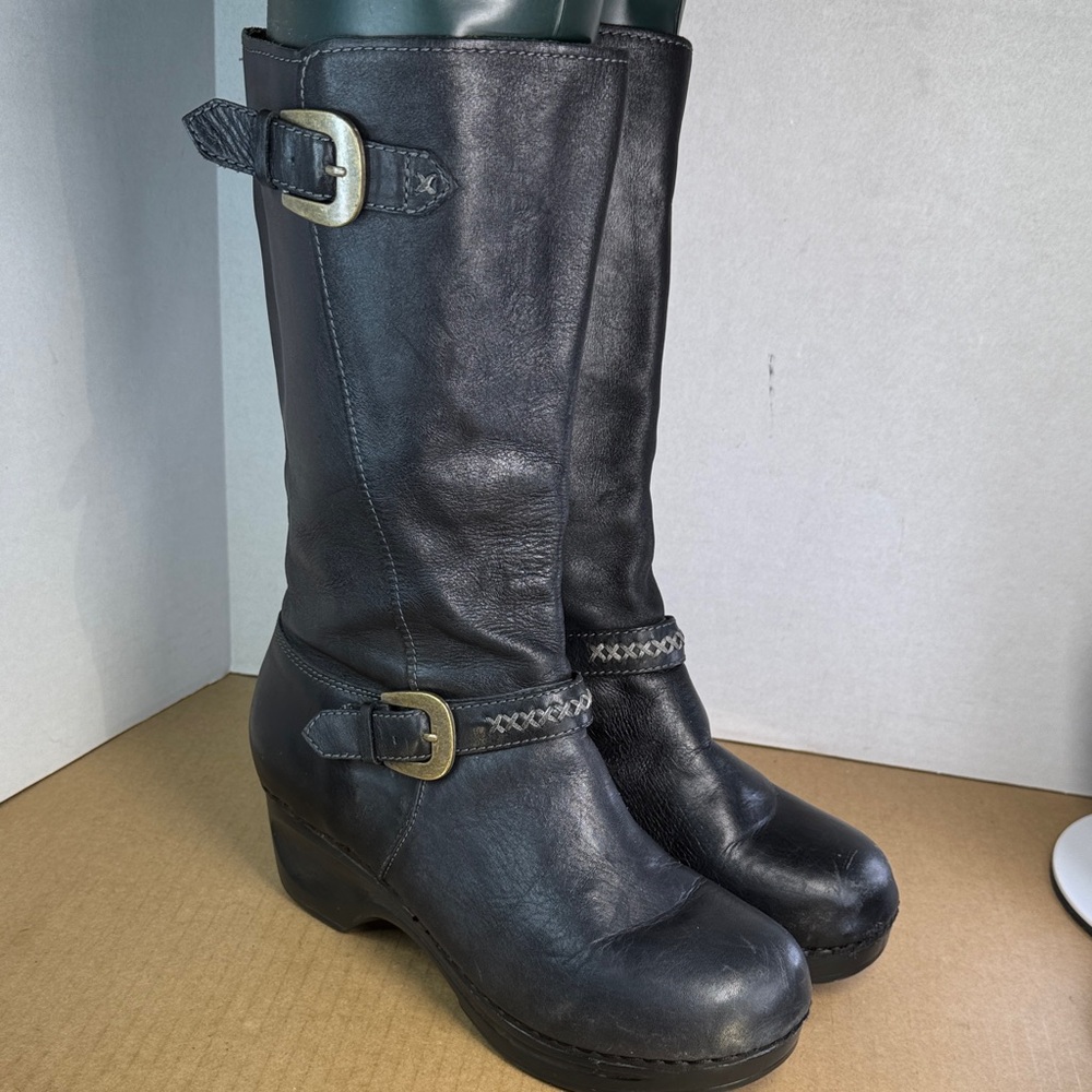 Sanita Womens Tall Black Leather Buckle Clog Zipper Boots, eu 38 / 8